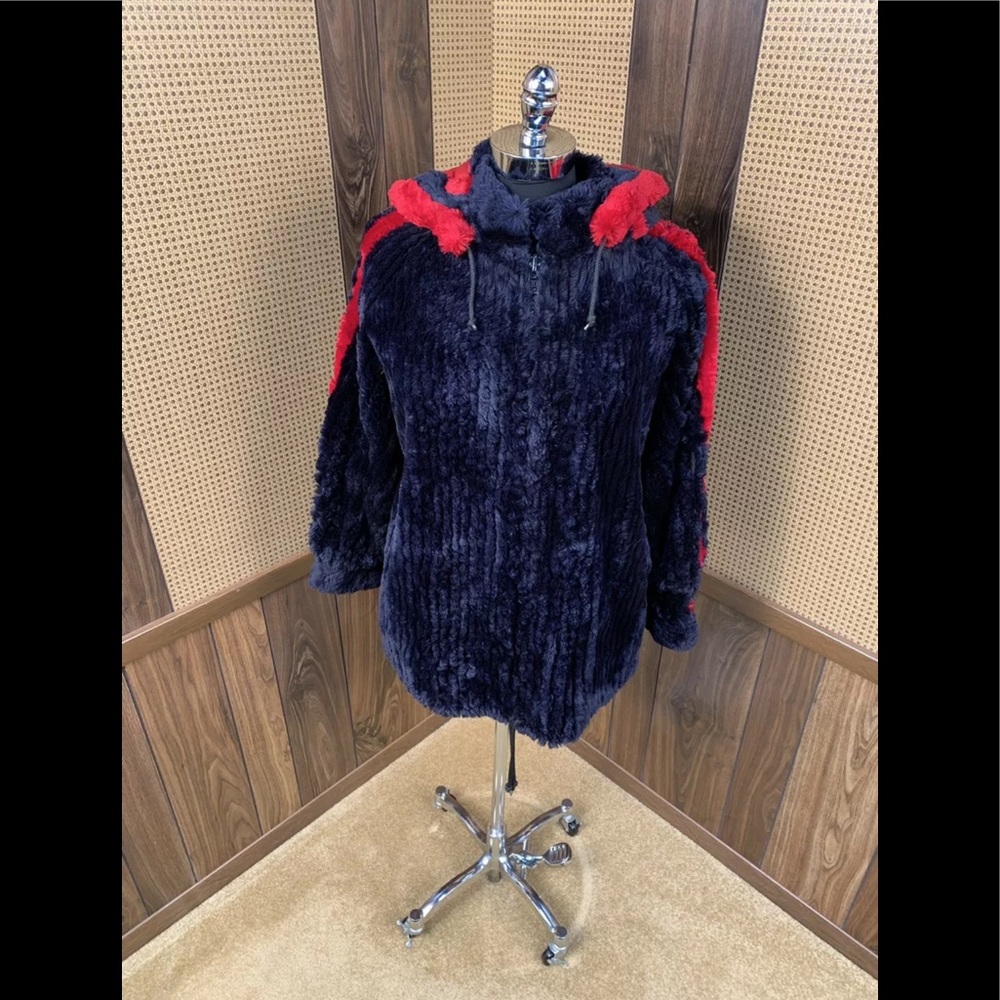 DYED NAVY & RED SHEARED BEAVER FUR COAT JACKET